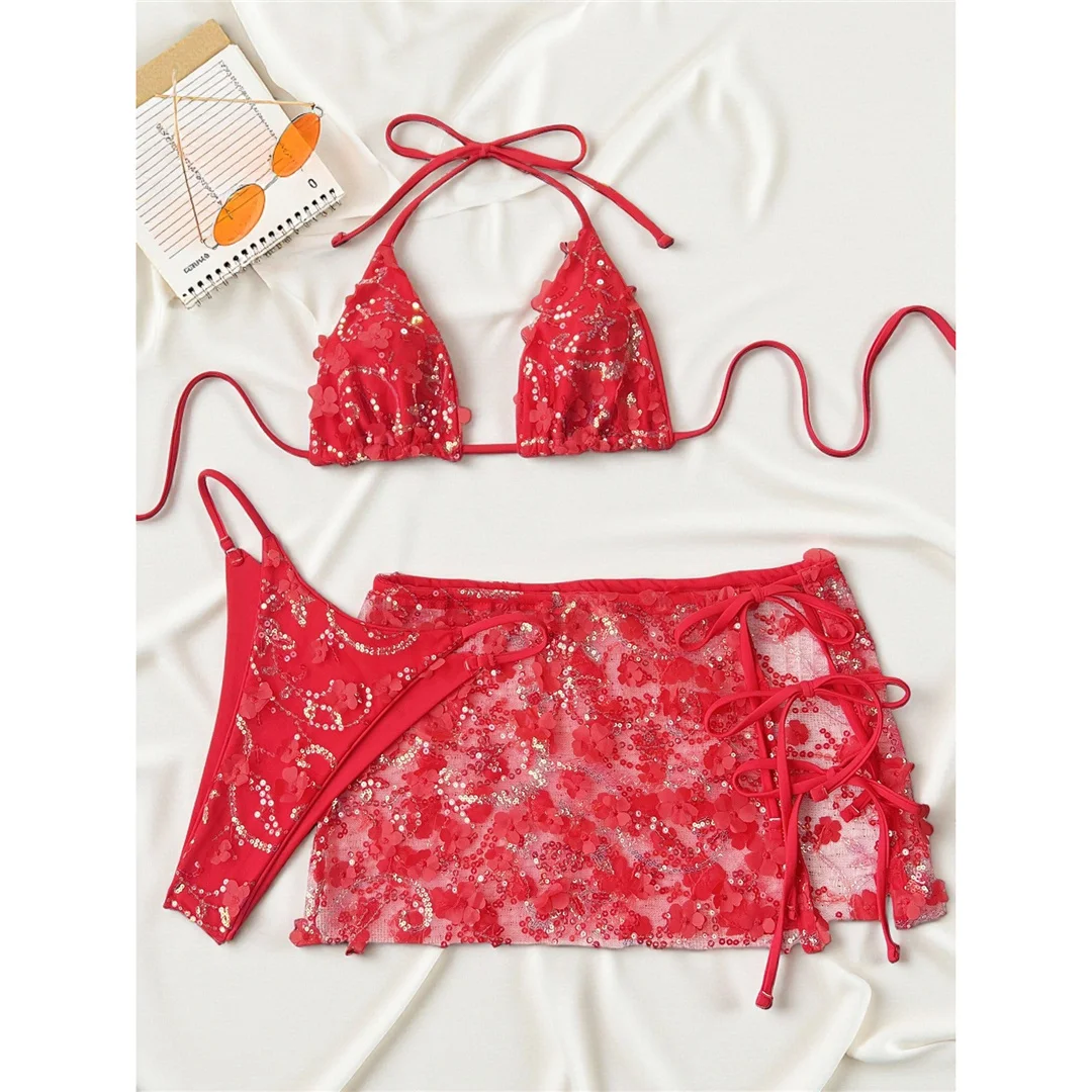 S - XL Dreiteiliges Bikini-Set mit Rock, Blumen, Pailletten, Damen-Bikini, Badeanzug, Badebekleidung, Badeanzug, Schwimmbekleidung V7864 – Detail 29