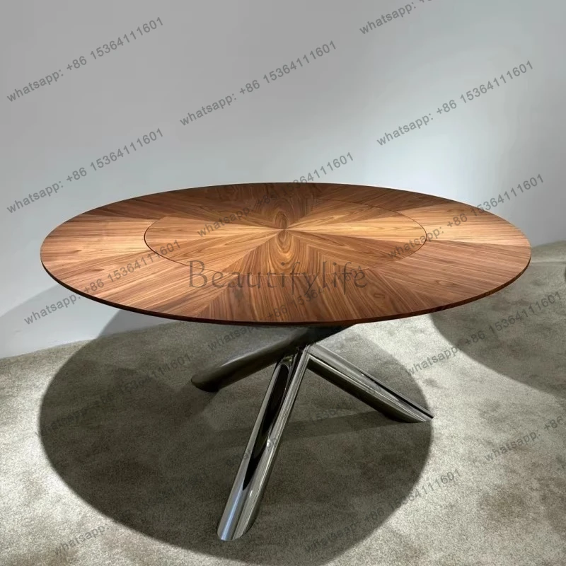 

North American black walnut light luxury round stainless steel dining table minimalist household solid wood dining table