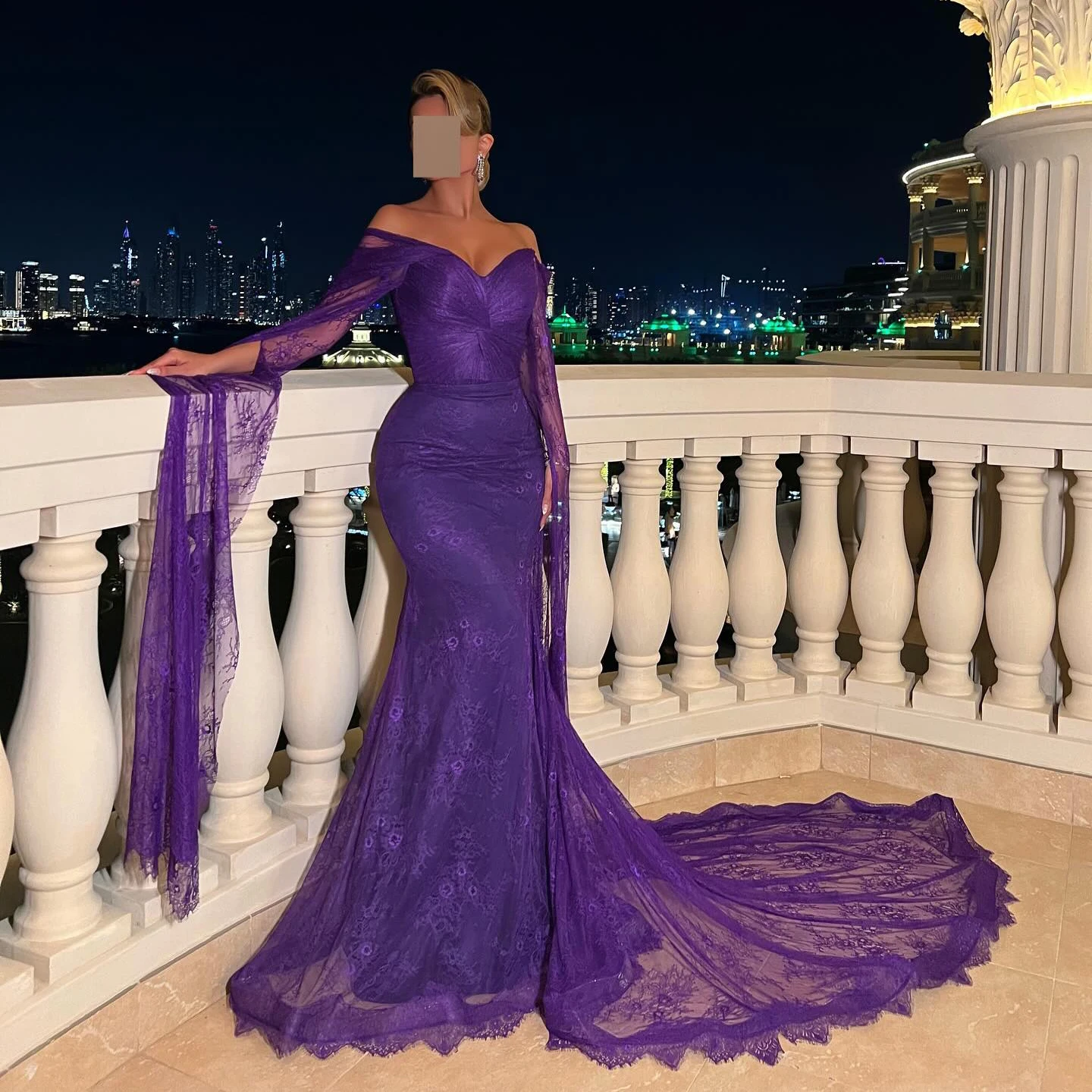 

Sharon Said Elegant Arabic Purple Lace Evening Dresses with Long Sleeves Black Women Wedding Party Gowns SF055 Customized