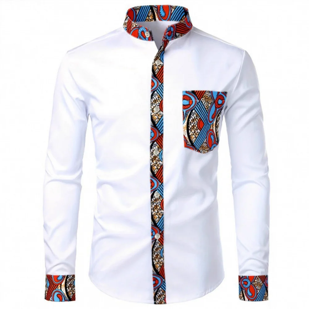 Men's Stand Collar African Ankara Print Spliced Long Sleeve Shirt Patchwork Pocket Button Up Casual Dress Tops