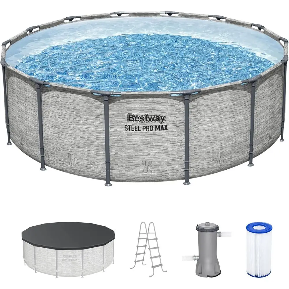 

Круглый металлический наземный бассейн, 14' x 48', комплект для уличного плавания с фильтрующим насосом, лестницей и покрытием, серый с принтом под камень