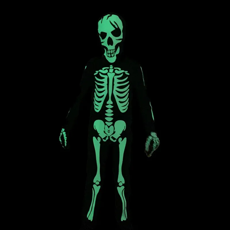2025 New Halloween Skeleton Glow In The Dark Costume Cosplay Kids Boy Horror Night Ghost Jumpsuit Gloves Mask Suit Carnival Part
