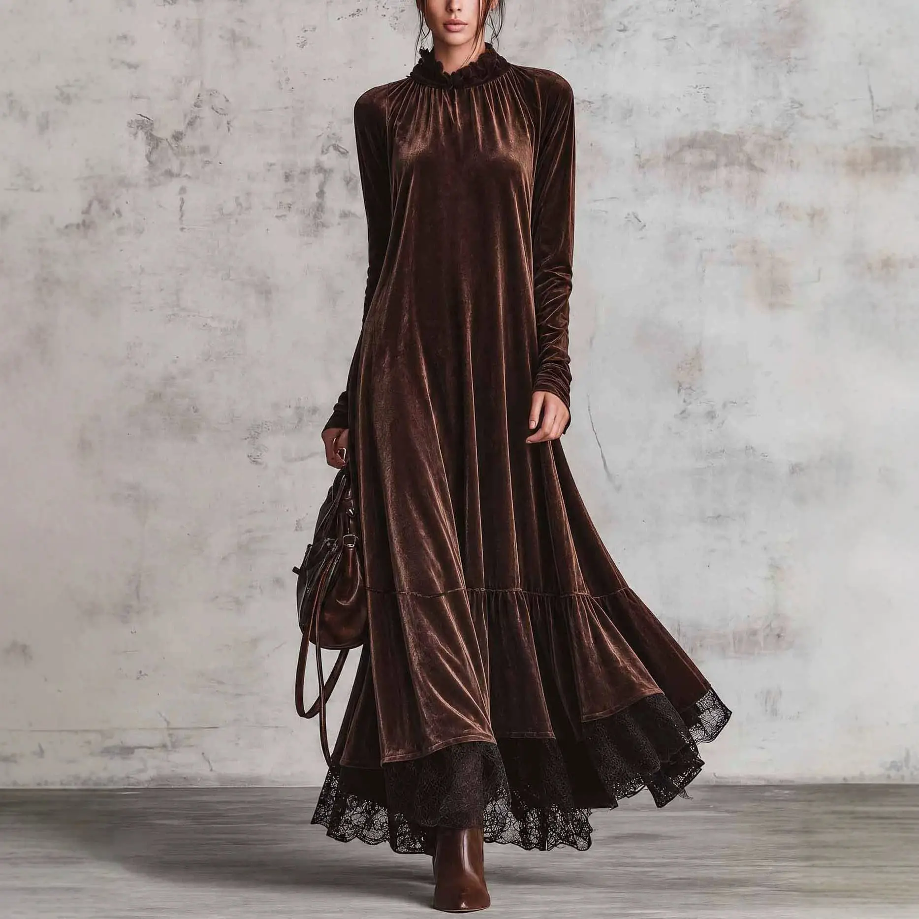 Luxury Mock Neck Solid Velvet Evening Dress Women Sexy Patchwork Lace Long Sleeve Autumn Elegant Loose Banquet Party Dress