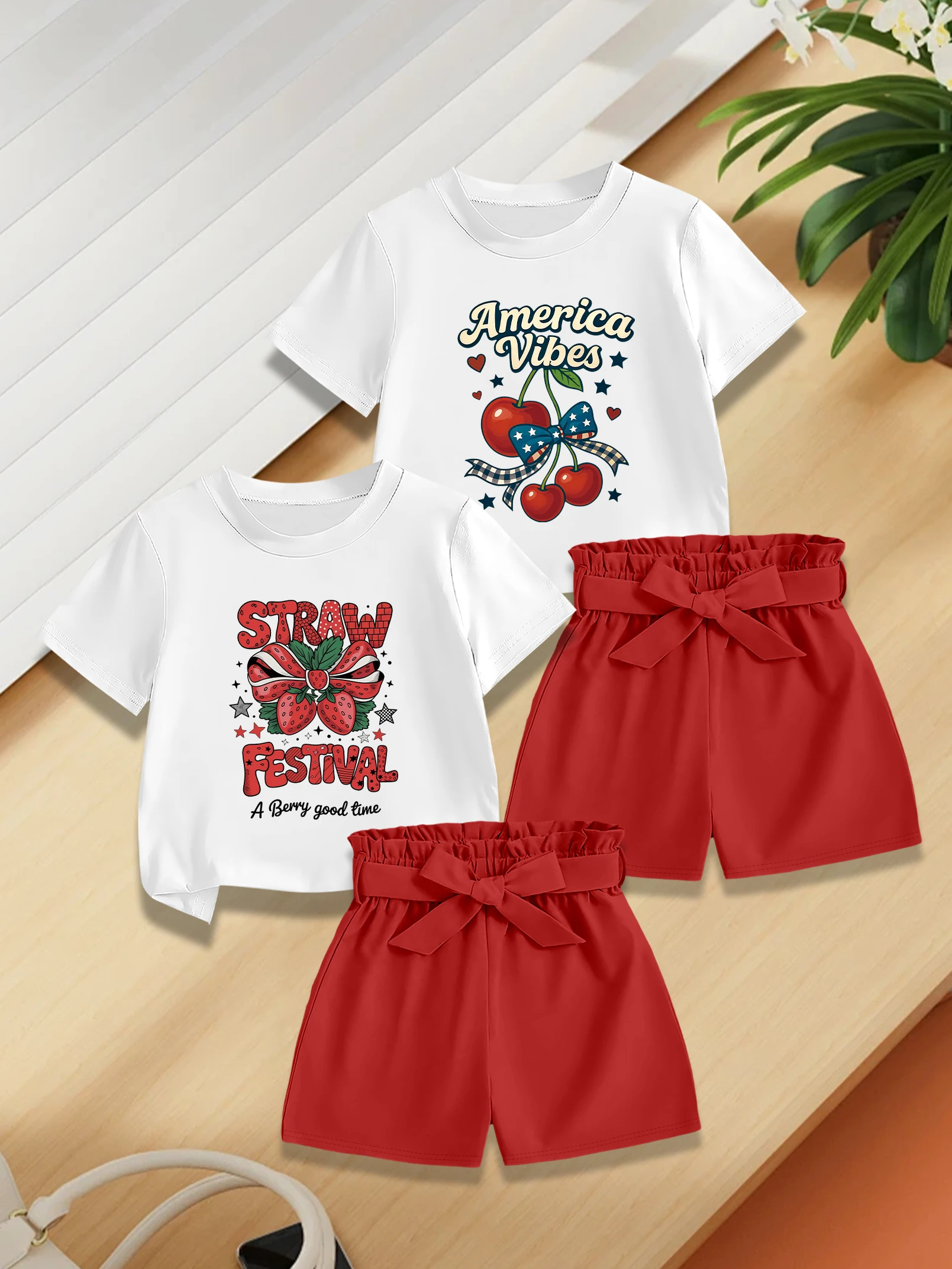 

Комплект из 4 предметов: летний комплект для девочек с мультяшным принтом клубники и вишни, тканые шорты с короткими рукавами и бантом, милый и очаровательный наряд.