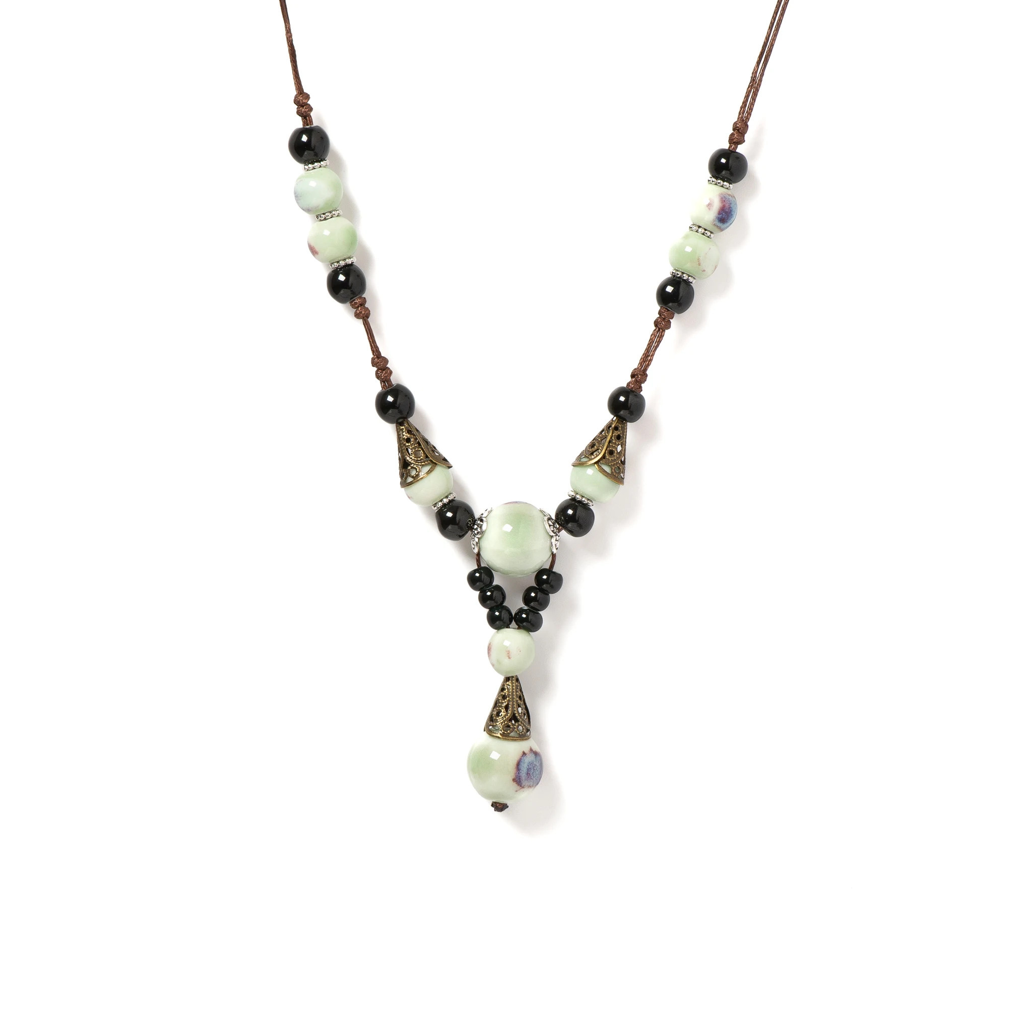 Collar con colgante de cerámica con bola verde hecho a mano, joyería bohemia vintage, cordón ajustable, 1 pieza S 001165