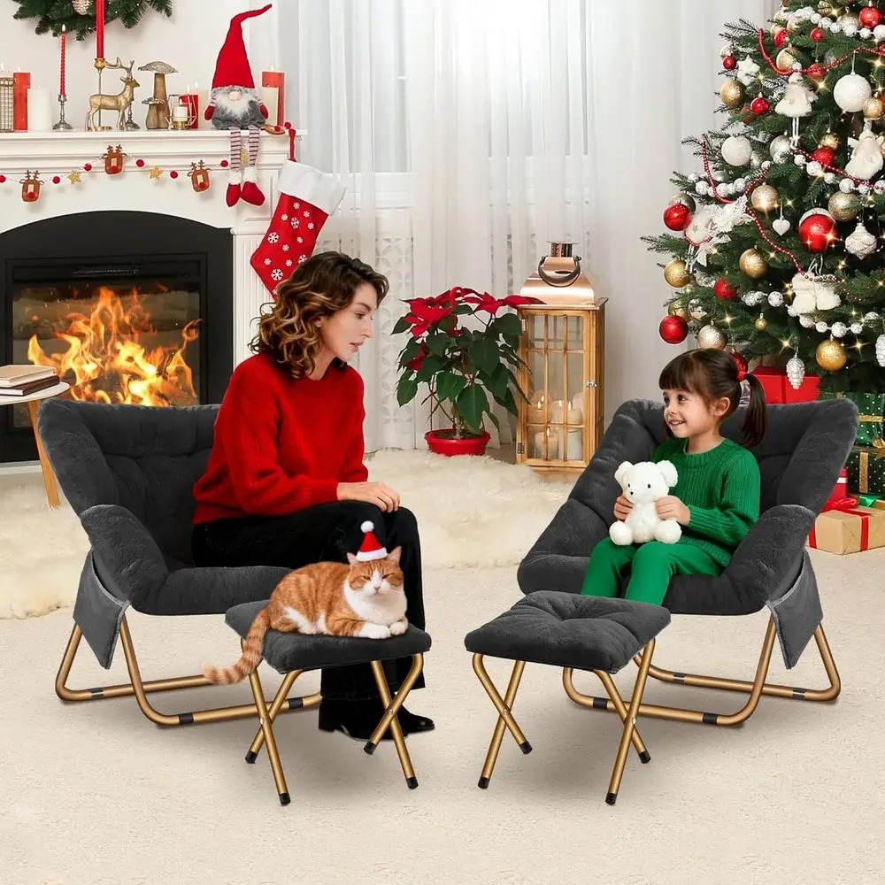 كرسي صالة قابل للطي من الفرو الصناعي الأسود مقاس X-Large لغرفة المعيشة وغرف النوم والقراءة