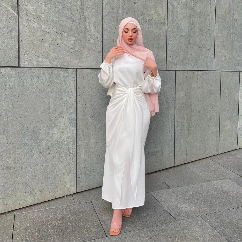 Eid 2 Piece White Satin Under Abaya Dress with Wrap Front Skirt Set Arabic Long Dresses for Women Muslim Dubai Islamic Clothing