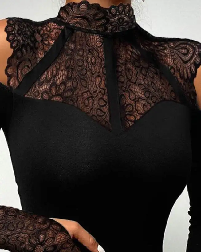 Sexy Women 2024 jumpsuit Women's contrasting lace long sleeved sexy cold shoulder daily tight fitting clothing Women's clothing