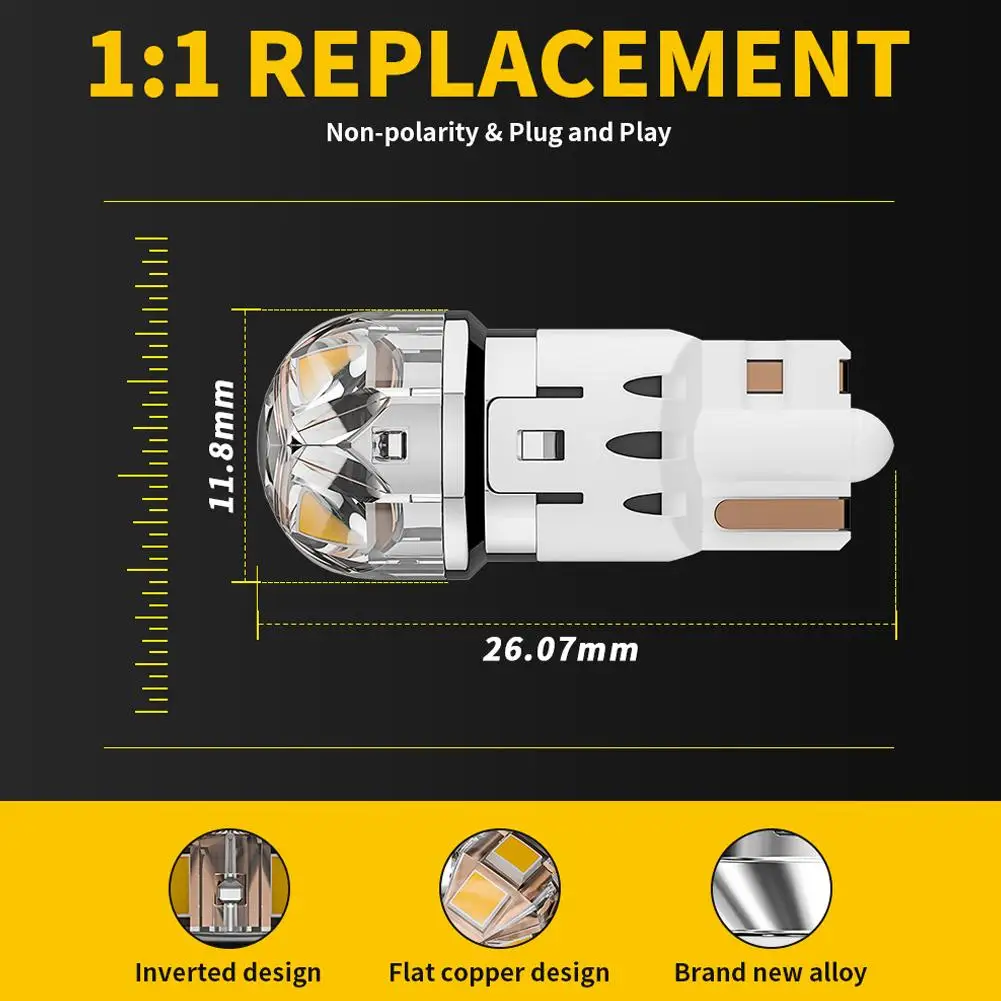 2pcs LED Car Turn Signal For T10 W5W Brake Light White Reverse Halogen Lamp Non-polarity 6000K License Plate Lighting White