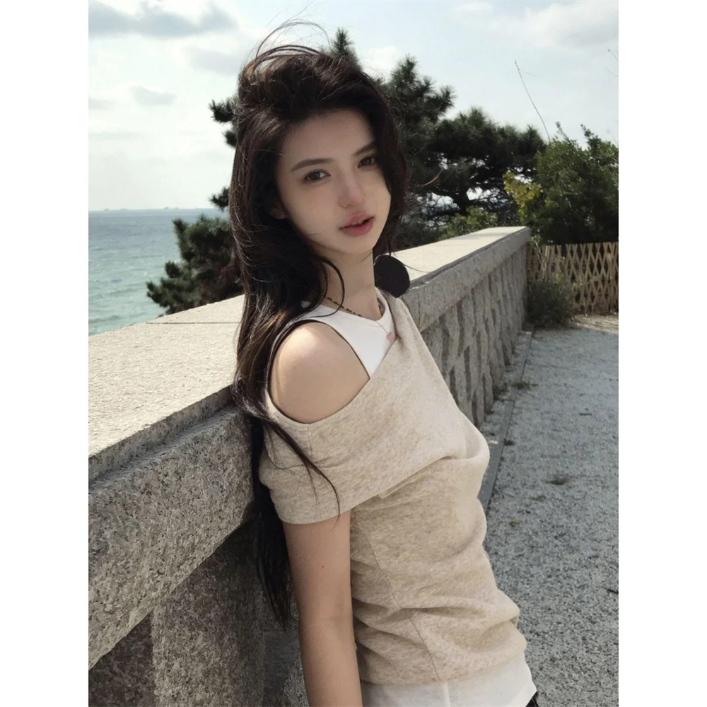 French Korean Style Off Shoulder Women's Tshirt 2026 Summer Fashion Tee Tops Female Casual Two Piece Khaki T-shirt Clothing