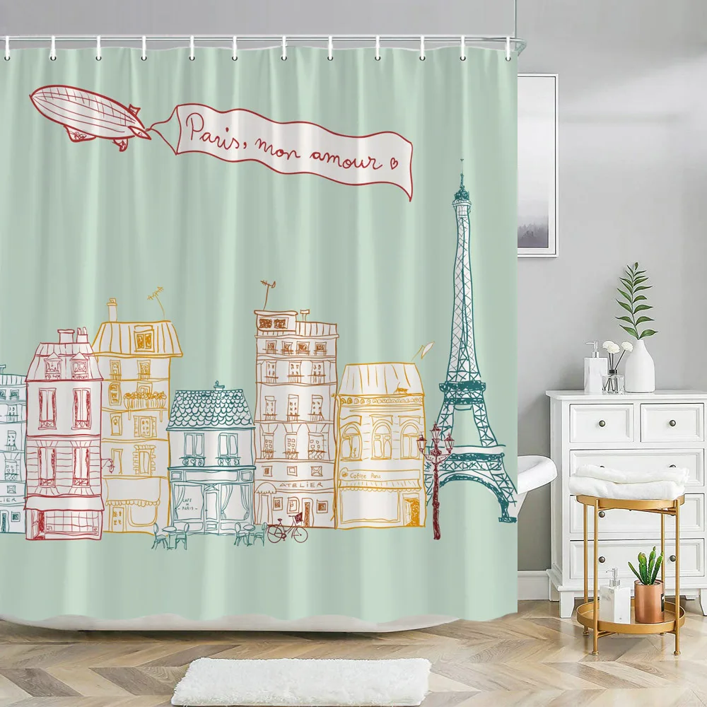 

Paris Sketch Shower Curtain 72x72 Polyester Washable – Eiffel Tower, Zeppelin & “Paris, mon amour” in Mint Green, 12 Hooks