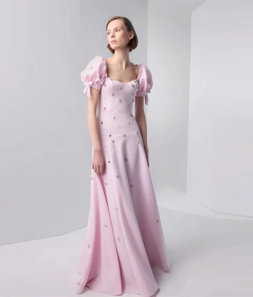 

Customized Luxury Crystal 3D Bow Evening Dress High Quality Square Neck Short Sleeves Floor Length Bespoke Occasion Gowns
