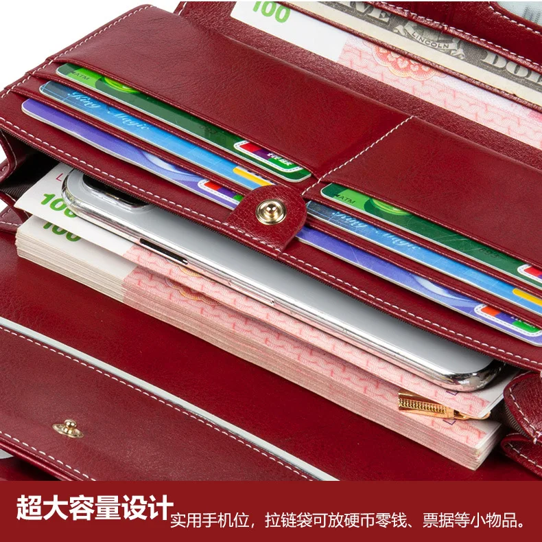 RFID Blocking Leather Women Wallet Long Lady Leather Purse Brand Design Luxury Oil Wax Leather Female Wallet