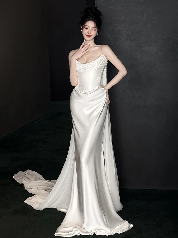 

Элегантное атласное свадебное платье-русалка белого цвета для невесты, для выездной церемонии, без бретелек, с длинными рукавами