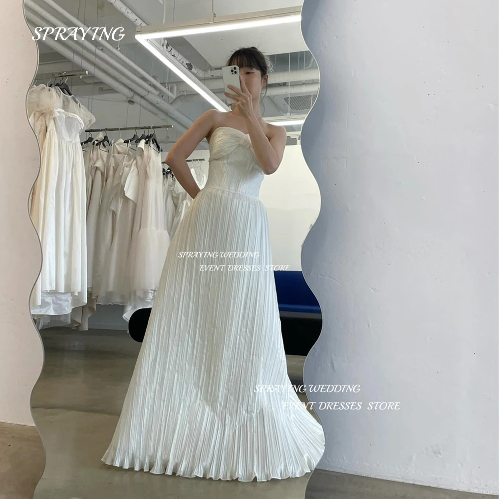 

SPRAYING Design Bow Strapless A Line Wedding Dress Korea Photo Shoot Pleats Fabric Sleeveless Bridal Gown Zip Back Custom Made