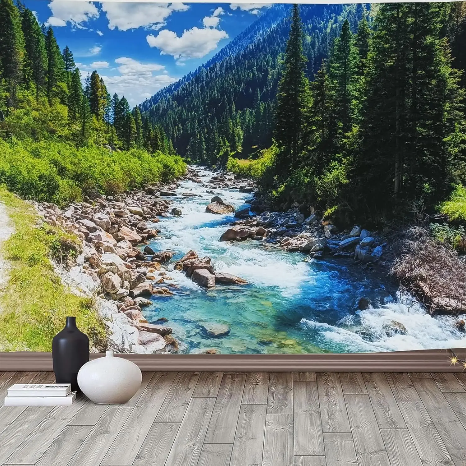 Nature Forest Mountain Tapestry Green Pine Tree Stream Tapestry White Clouds Flowing River Valley Landscape Scenery Tapestries