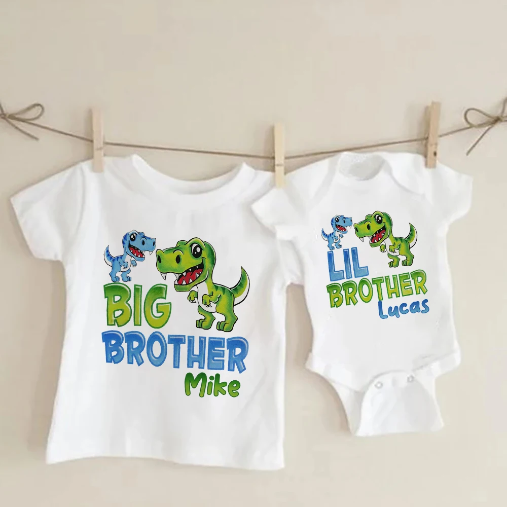 Personalised Big Brother Little Brother Family Matching Clothes Custom Dinosaur with Name Boy T-shirt Baby Romper Kids Tee Tops