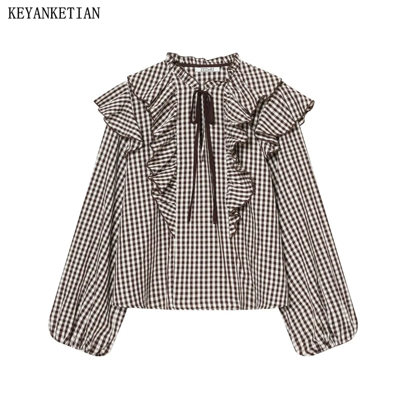 

KEYANKETIAN, новая весенняя женская одежда, многослойная клетчатая рубашка с рюшами и рукавами-пузырьками на шнуровке, женская кукольная рубашка