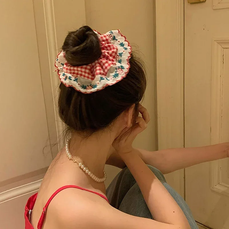 Women Beautiful Embroidered Large Scrunchies Elastic Hair Bands Hair Ties Sweet Hair Accessories Ponytail Holder Head Rope - view 4