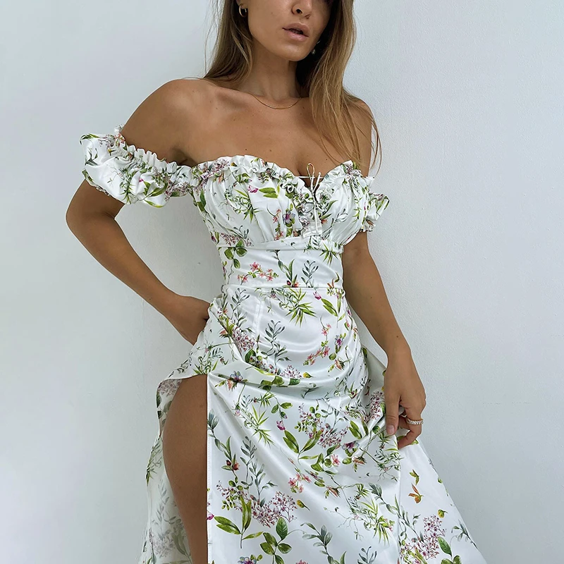 Summer Floral Off Shoulder Puff Sleeve Maxi Dress For Woman Robe Sexy Lace Up Side Split Chic Mid-Calf Aesthetic Dress,QY21251KJ