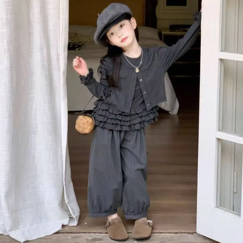 

Spring TeenGirls Sports Set Bow Sweatshirt Wide Leg Pants 2 Pcs School Kids Clothes Pink Grey Casual Daily Children Costume 2-9Y