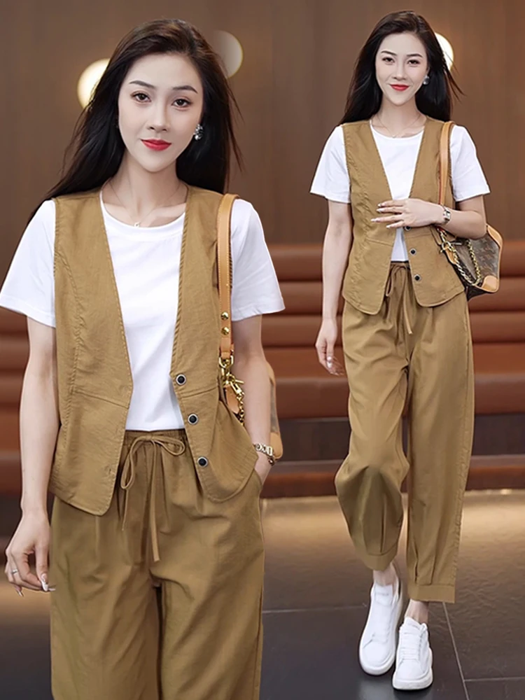 Faionable Casual Women's Tee-Piece Set ort Sve Slimming Vest Nine-Piece Pants Summer 2025 New Arrival Ele Small ...
