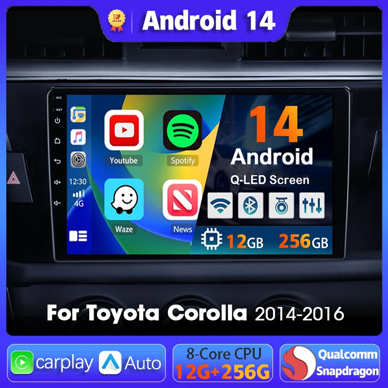 

Автомагнитола на Android 14 с навигацией, мультимедийный плеер для Toyota Corolla 2014-2016, Levin Ralink 2013 - 2018 Carplay, автостерео BT