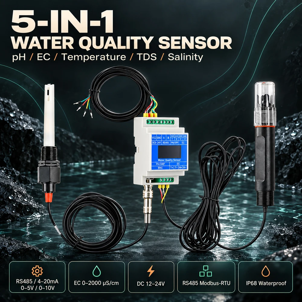 PH EC 5-in-1 Plastic Electrode Water Quality Sensor 0-2000uS/cm with 5M Cable RS485 for Aquaculture Industrial Sewage Treatment