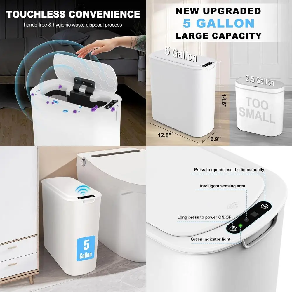 

5 Gallon Touchless Trash Bin - Slim Design for Bathroom, Office, and Home in White