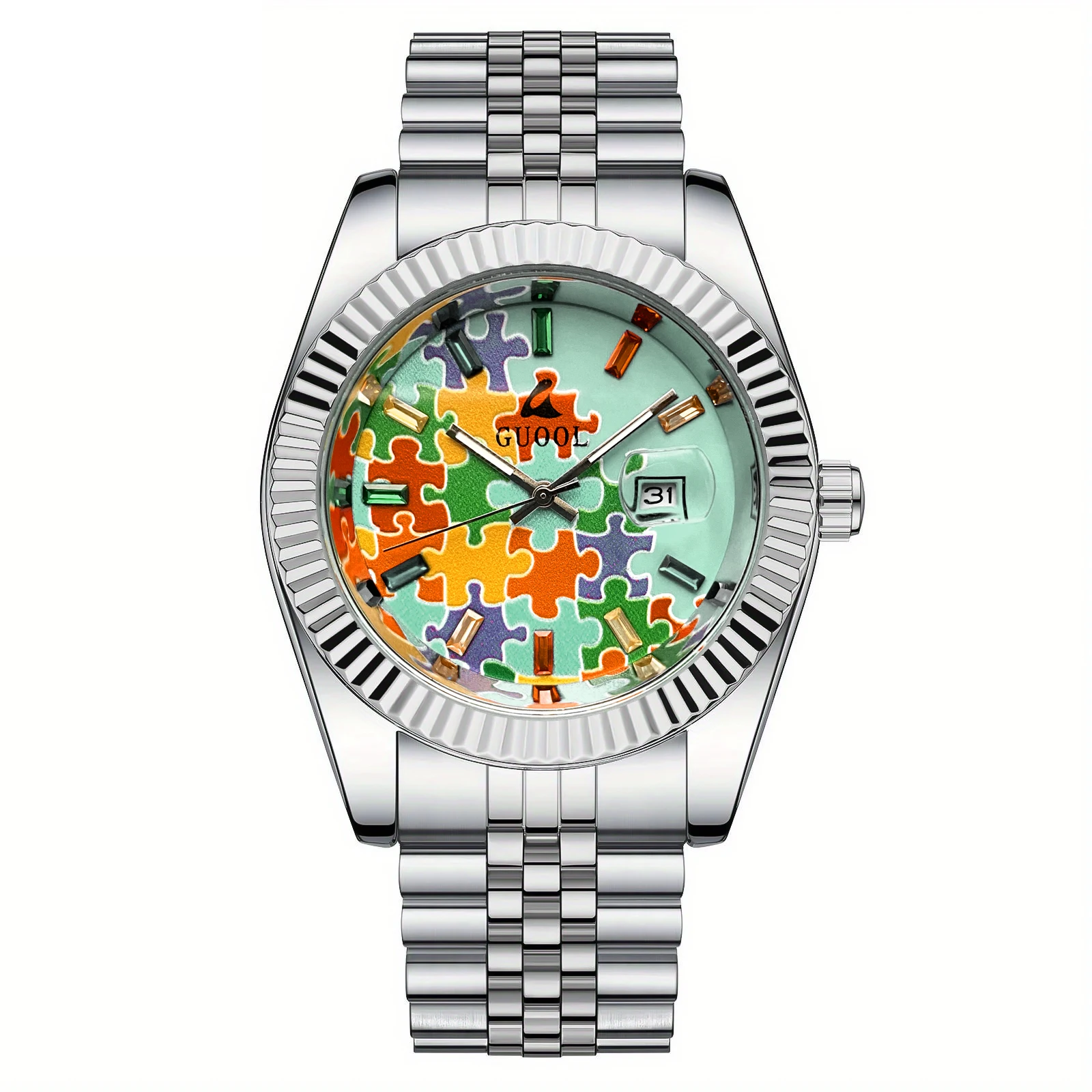 New Hot-Selling Men's Stainless Steel Five-Link Steel Band Watch with Puzzle Pattern, Business Style, Round Case, Calendar Display Function, Valentine's Day Gift, Father's Day Gift, Holiday Gift, Halloween Gift, Christmas Gift, Thanksgiving Gift view 6