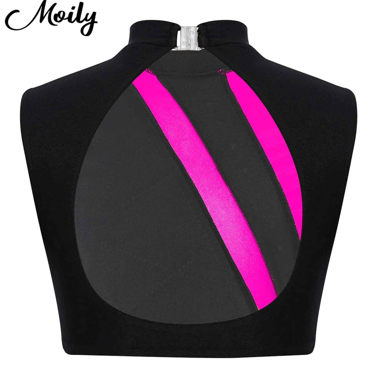 

Girls Rhinestones Figure Skating Ballet Jazz Latin Dance Costume Color Block Crop Top Sleeveless Cutout Back Tops for Gym Yoga