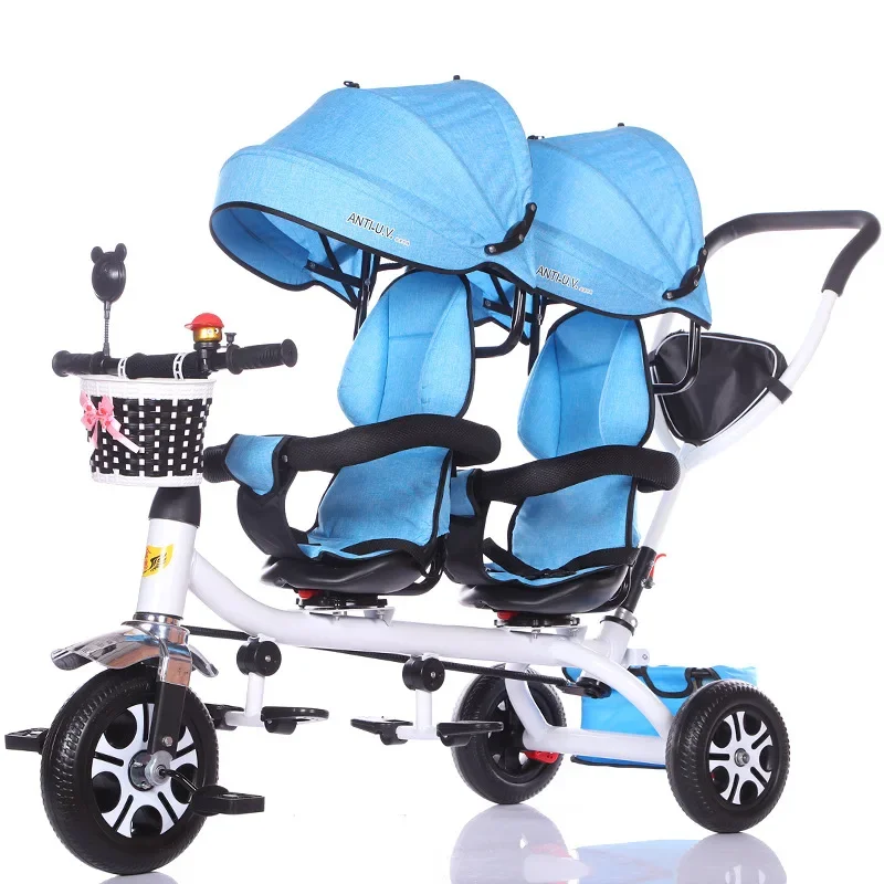 Twin Tricycle for Children, Double Baby Trike, Baby Stroller, 3 Wheel Bicycle, Kids Tricycle