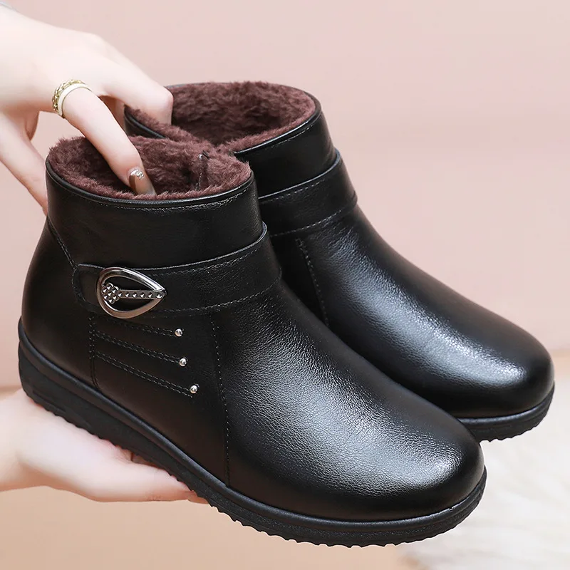 

Women Winter Boots Plush Warm Waterproof Cotton Shoes Soft Sole Leather Outdoor Snow Boots Woman Non-slip Comfort Ankle Boots