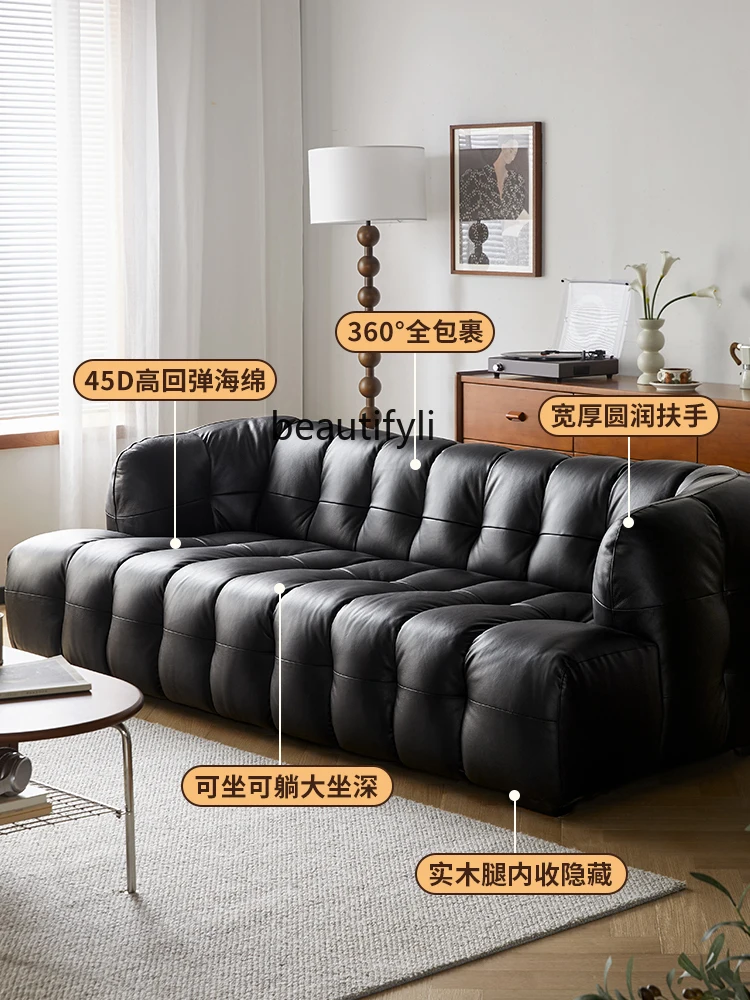 Mid-Ancient Leather Cotton Candy Sofa Living Room Straight Row Small Apartment First Layer Cowhide Black Double Sofa