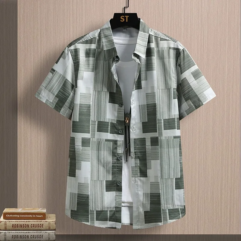 Men's Shirts Ice Silk Summer Short Sleeve Plaid Casual Button Down Retro Vintage Stylish Top Men Clothing