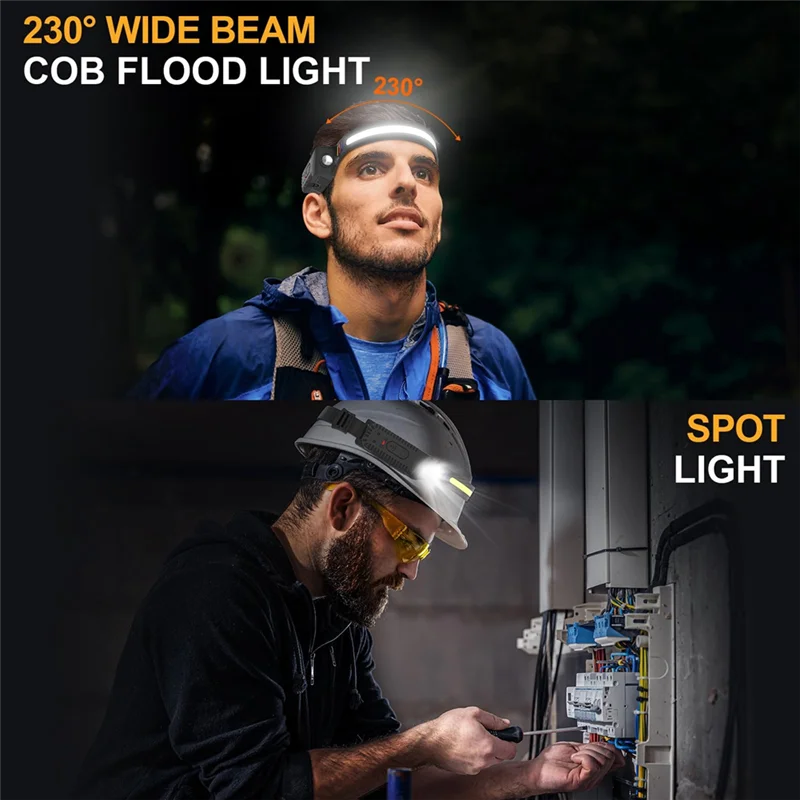 모션 센서 230이 포함된 LED 헤드램프 2개 °   하이킹, 낚시, 작업용 와이드 충전식 헤드 램프