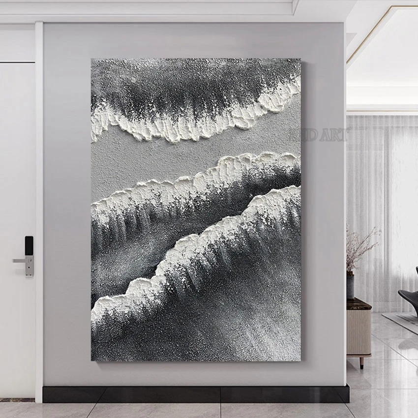 Thick Abstract Black and White Oil Painting, Luxury Wall Decor Item, Canvas Picture Art, Modern Murals, Unframed Artwork Hotel