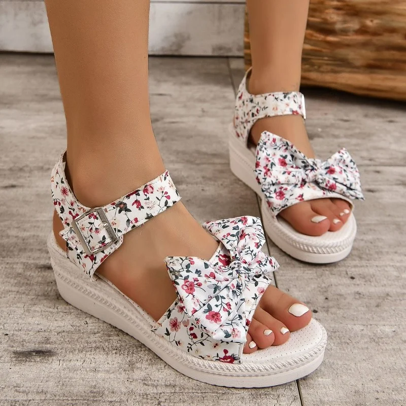 Damen lässige High Heel Keils andalen neue Sommer Plus Size Damenschuhe Bowknot Open Toe Knöchel riemen Plateaus andalen für Frauen