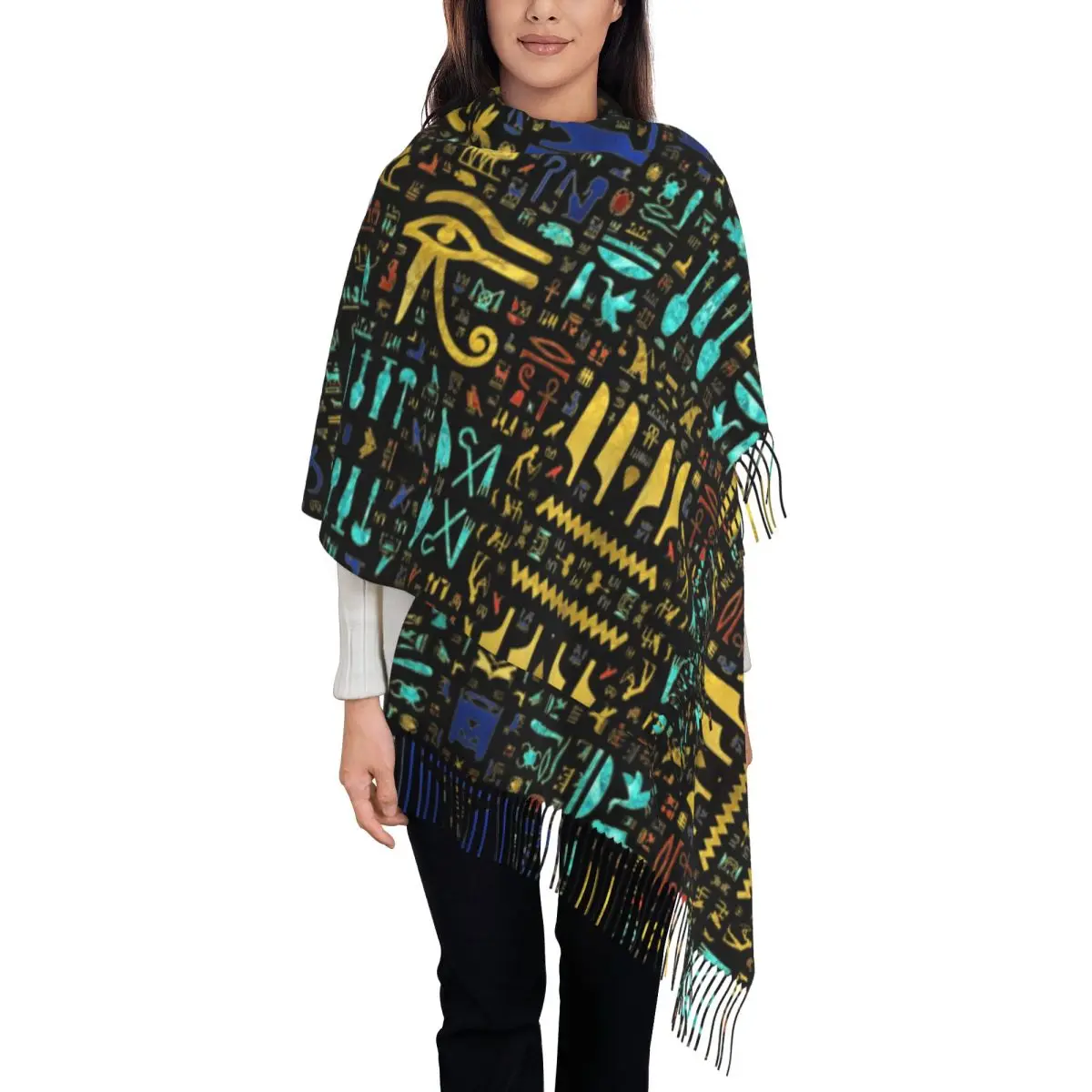 

Красочный шарф с принтом на заказ, древний египетский иероглифический узор, женские и мужские зимние теплые шарфы, египетские шали, накидки