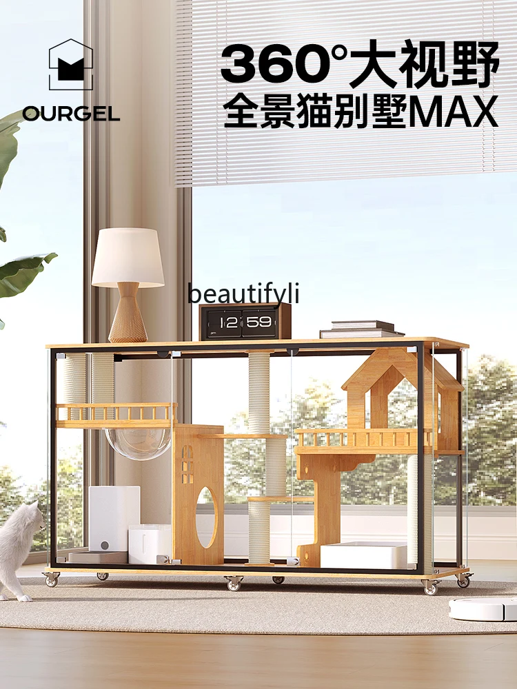 Panoramic Horizontal Villa TV Glass Solid Wood Cat Cage Transparent Home Indoor Cat Nest