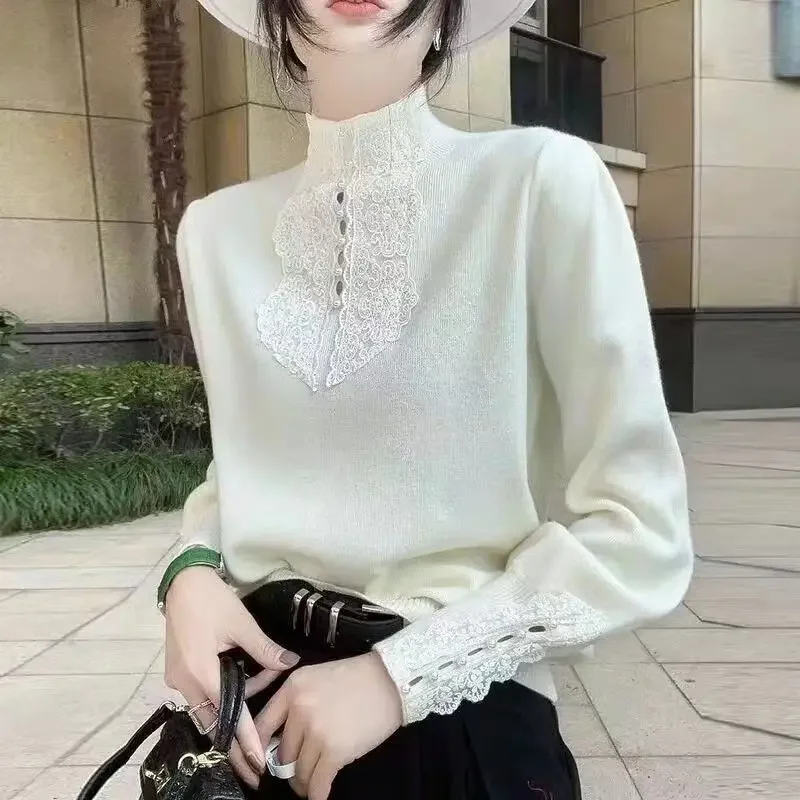 

MiiiiX Elegant Lace Splicing Mock Neck Knitted Sweater Women's Pullover Beaded Hollow Bottoming Shirt 2024 Autumn Female Clothes