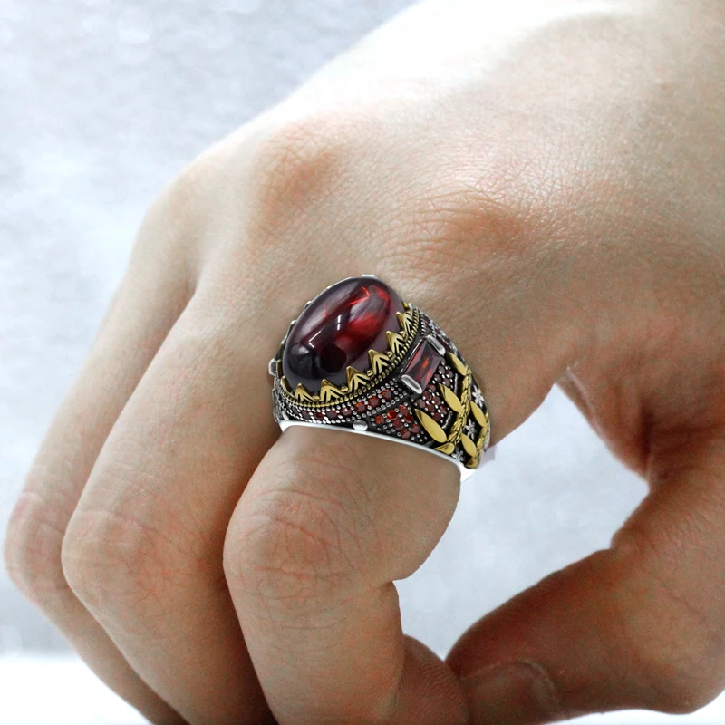 S925 الفاخرة Türkiye الرجال اليدوية خاتم موضة AAA الأحمر الزركون المرأة اليدوية الفاخرة مجوهرات حفلة هدية