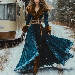 Women Chic Bohemian Fur Collar V-Neck Maxi Dresses Autumn Retro High Waist A-line Dress 2025 Loose Pattern Print Party Dress