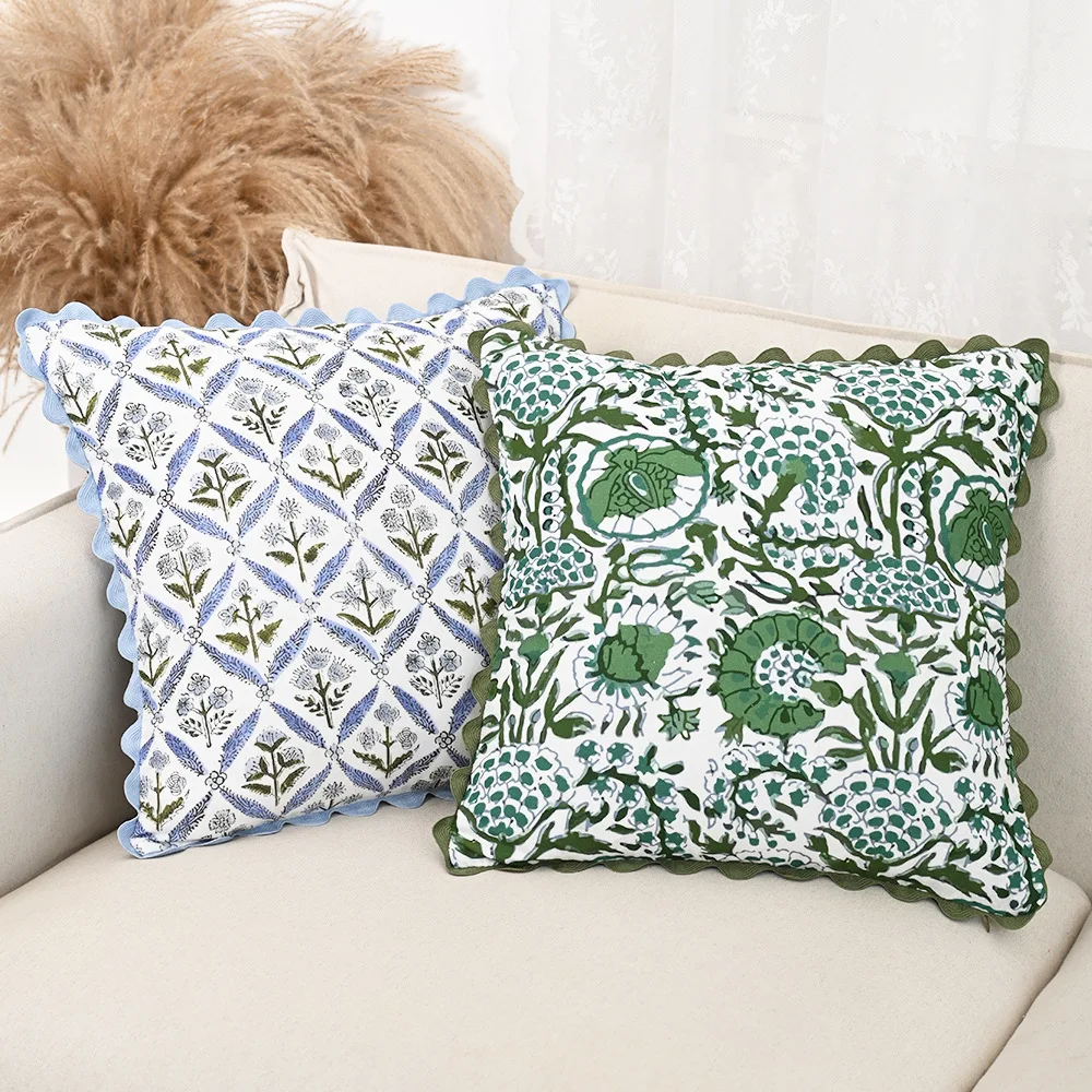 

Scalloped Cushion Cover Floral Printed 45x45cm 30x50cm 50x50cm Ruffle Green Blue Pillow Cover for Home Decoration Living Room
