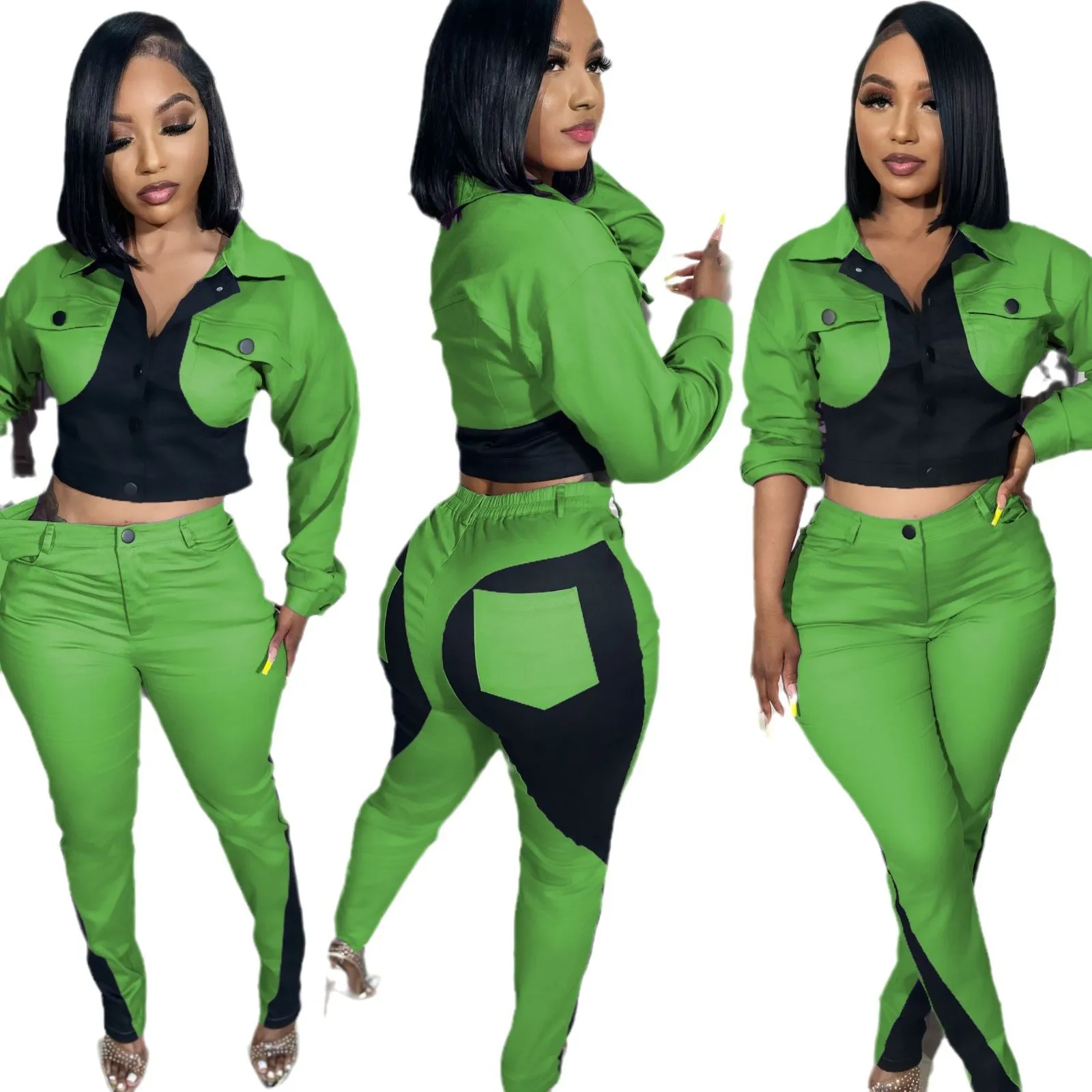 BWQ Jesień i Zima Nowa Kolekcja Damska Odzież Casualowa Sportowa Zestaw Dwuczęściowy: Bluzka z Długim Rękawem i Spodnie w Kontrastowych Kolorach