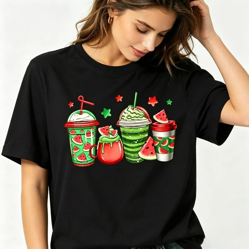 “Watermelon Drinks” Summer Watermelon Cup Star Print Tee Modal Crewneck Short Sleeve For Casual Holiday Women