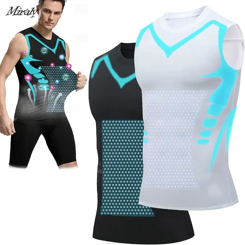 Shapewear Men Ice-Silk Slimming Ionic Shaping Vest Body Shaper Compression T-Shirts Tank Top Tummy Control Fitness Shirts