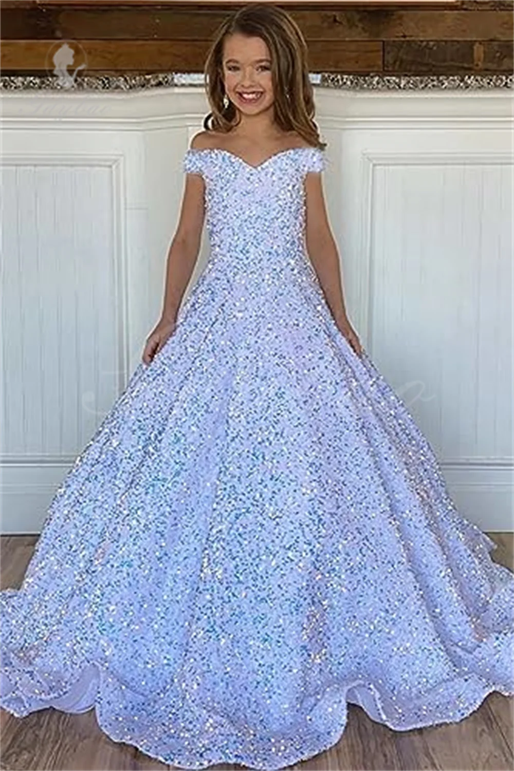 Abiti da ragazza di fiori brillanti per matrimonio con spalle scoperte Paillettes Lunghezza pavimento Ragazza Festa di compleanno per bambini Abito da prima comunione