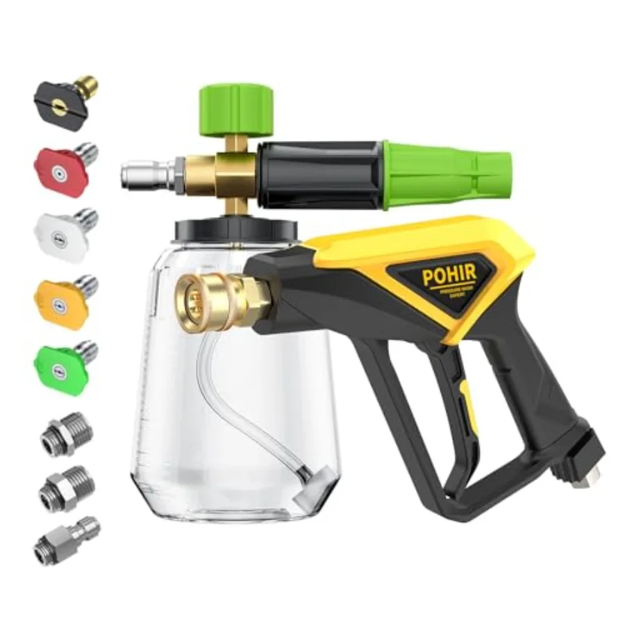 

Short Pressure Washer Gun with Foam Cannon 1/4 Inch Quick Connector with 5 Pressure Washer Nozzle Tips 4500 PSI Transpare