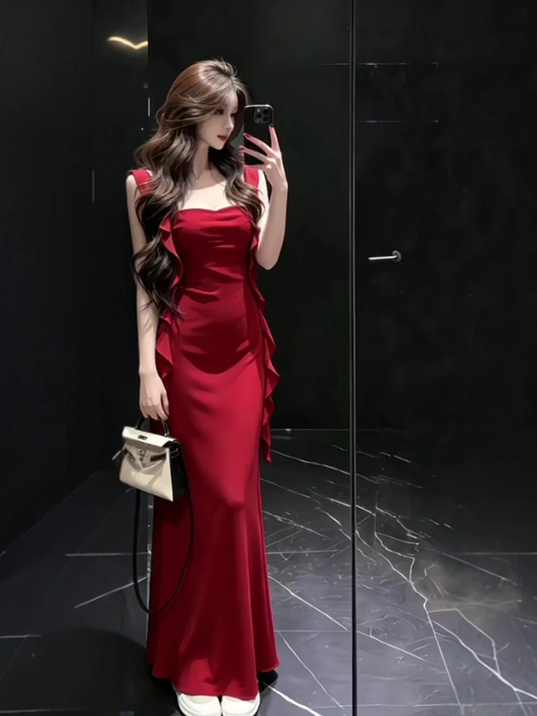 

Elegant Red Slim Fit Long Dress Unique Sister Style Summer 2026 Women's Strapless Dress High Waist Cotton Short Sleeve V-Neck